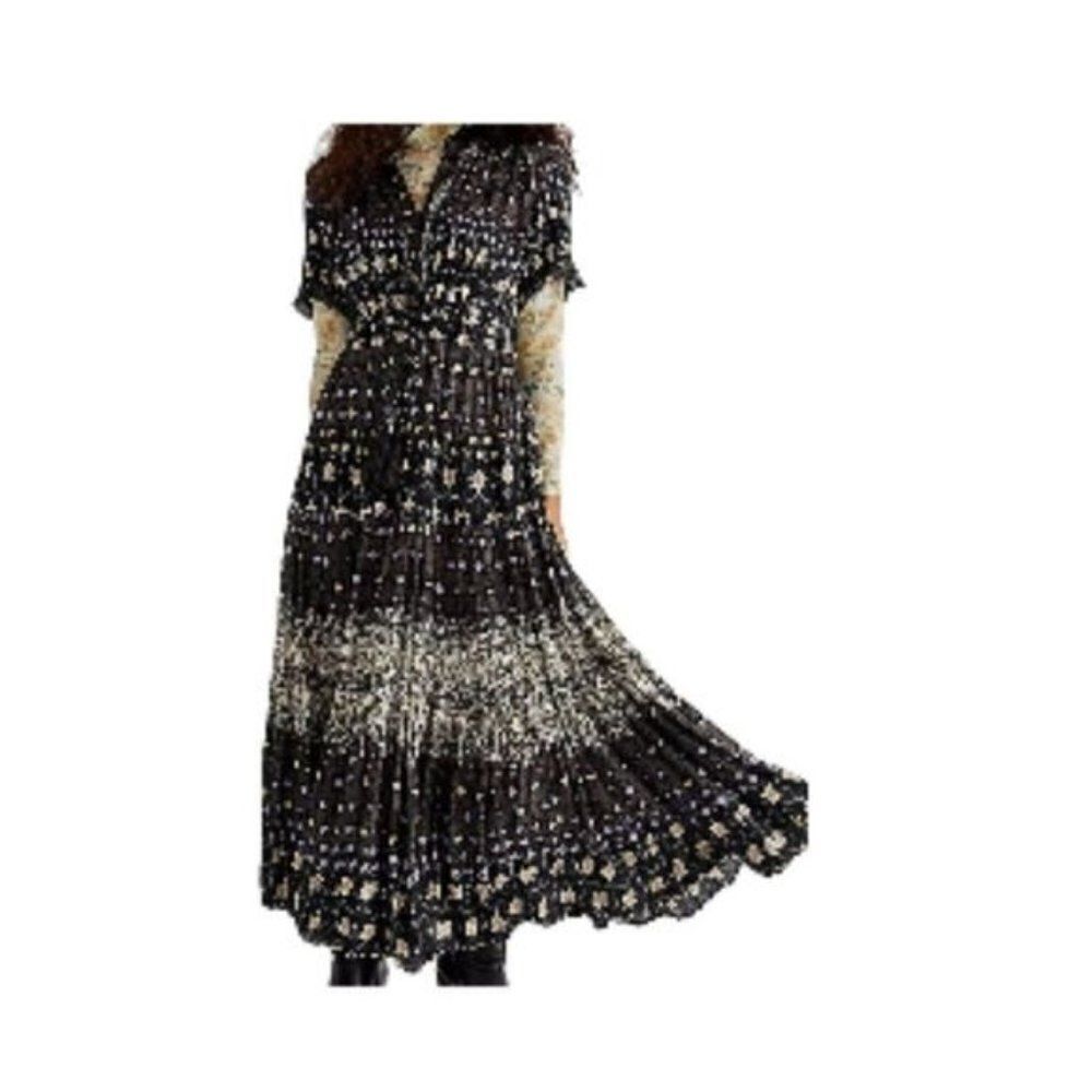 Free People Rare Feeling Pleated Printed Dress Cocoa Combo Medium NWT